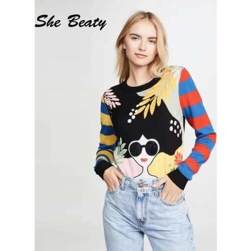 She Beaty Sweaters Women Za2021 Autumn Winter Korean Fashion Cartoon Striped Long Sleeve Knitted Pullover Jumper Runway Tops Y2k