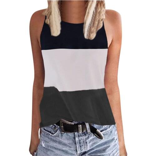 Striped Patchwork Sleeveless Camisole Tank Tops Ladies Sports Loose Camis Vacation Style Crew Neck Vests Vintage Streetwear Top