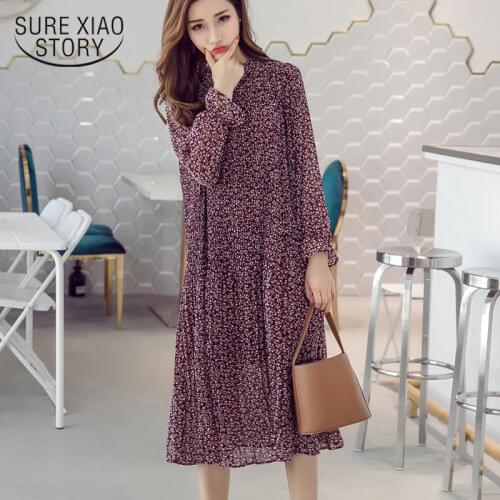 2021 Spring Autumn Women Dress Floral Print Empire Midi Pleated Chiffon Dresses Flare Sleeve Stand Collar elegant Vestidos 8634