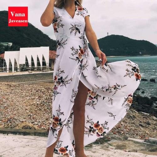 Flower Print Boho Dress Women Sexy Split Long Dresses Women Clothing Summer High Waist Bandage Chiffon Beach Dress Robe Femme