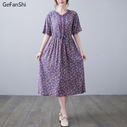 Fashion Print Women Summer Dress 2021 Casual Loose Short Sleeve Drawstring Cotton Linen Lace Elegant Lady Dresses Vestidos