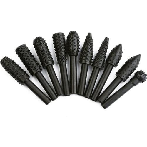 10pcs Black Rotary Burr Set 1/4'' 6mm Shank Carbon Steel Wood Rasp Drill Bits For Woodworking Tools