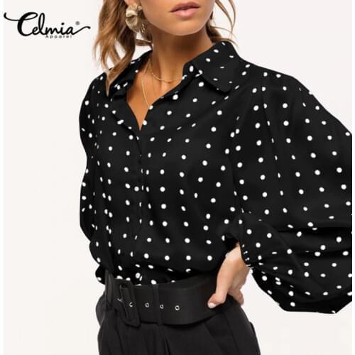 Celmia Fashion Blouses Women Polka Dot Lantern Sleeve Shirts Lapel Button Casual Loose Elegant OL Office Blusas Plus Size Tops