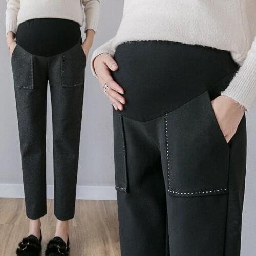 Maternity pants Big pocket Hairy Pregnant womens stomach lift wide leg pants Winter 2019