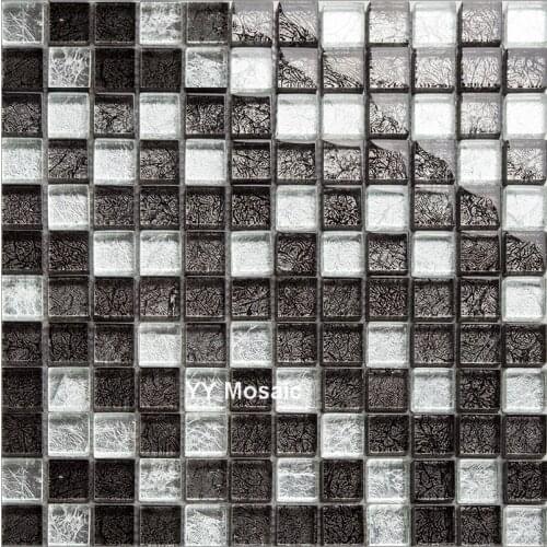 Black silver color foil glass tiles square mosaic kitchen backsplash bathroom shower TV background border wall tile design YY-95