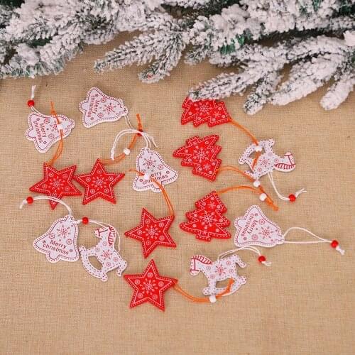 12PCS/Lot White&Red Christmas Printed Wooden Pendant Ornaments DIY Christmas Hanging Pendant Xmas Tree Ornaments Decor Kids Gift