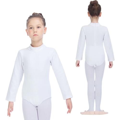 Kids Gymnastics Bodysuit White Cotton/Lycra Long Sleeve Turtle-Neck Zipper Back Ballet Dance Leotards for Girls