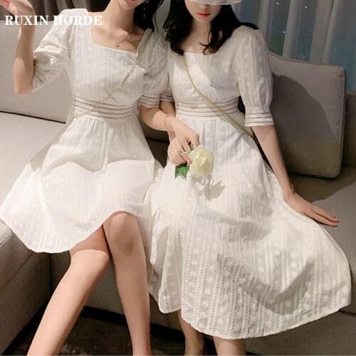 Elegant Temperament Lace Square Collar Bubble Short Sleeve Retro Summer 2021 Ladies French New Style White Fashion A-Line Dress