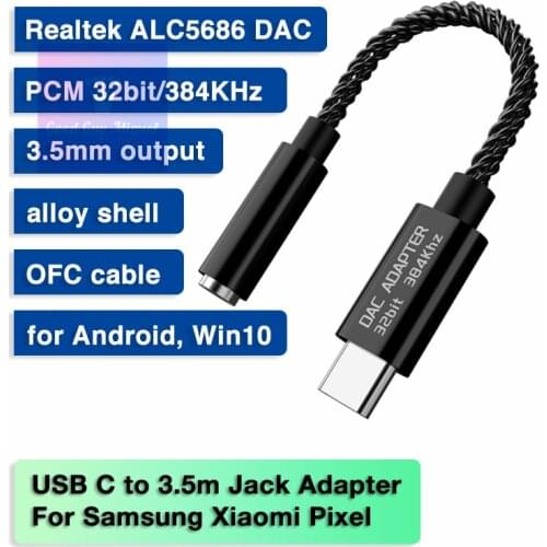 Hi Res HiFi USB Type C to 3.5mm Jack Audio DAC Amp Adapter Realtek 32bit for Earphone OnePlus Samsung S20 Pixel Xiaomi Win10 PC