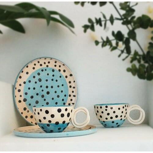 Handmade Design Wonders Figured Ceramic Set of 2 Espresso Cups Turkish Coffee Cup and Saucer Tea Mug Water Glass Cappuccino