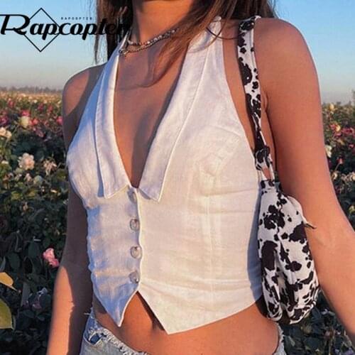 Rapcopter Solid White Crop Top y2k Button Mini Vest Summer Backless Corset Top Trendy Camisole 90s Women Streetwear Casual 2021