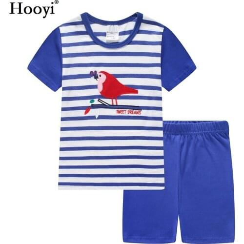 Hooyi Summer Boys Pajamas Suits Blue pijamas Kid Sleepwear Children Pyjamas home clothes Nightdress Girl Home wear Stripe Bird
