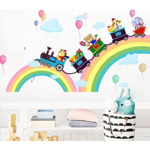 Cartoon Animals Train Wall Stickers Colorful Rainbow Balloons Wallpaper For Kids Bedroom Creative Self Adhesive Wall Mural