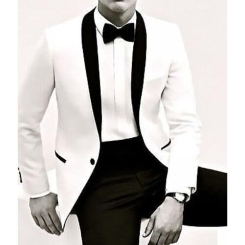 CUSTOM MADE TO MEASURE MEN SUITS,BESPOKE WHITE JACKET BLACK SHAWL LAPEL PANTS