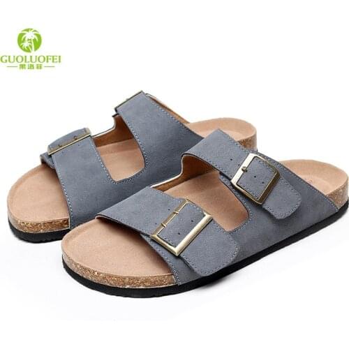 Mens Cow Leather Cork Slippers 2021 Summer New Mens Double Buckle Non-slip Cork Sandals Casual Beach Shoes