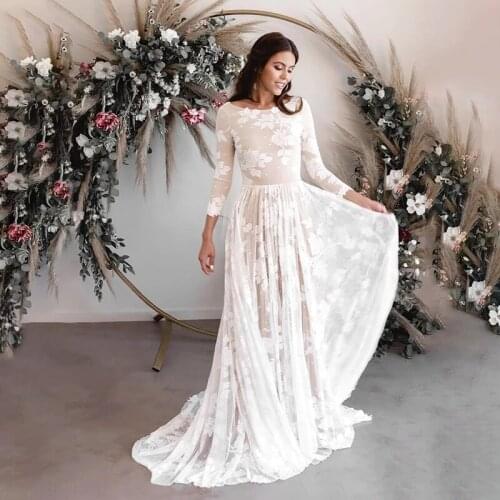 Latest On Sale Lace Long Sleeve Bridal Wedding Gowns Bateau Neckline Back Out Wedding Dress for Bride Appliqued Court Train 2021