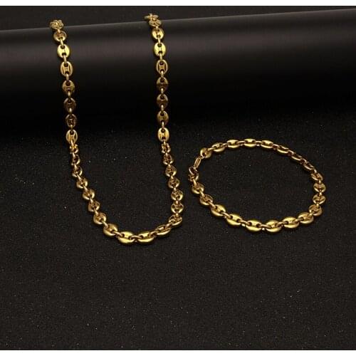 Hip Hop Stainless Steel Coffee Beans Necklace Bracelet Set Men Women Coffee Beans Link Chain Chorkers Female Charm Jewelry
