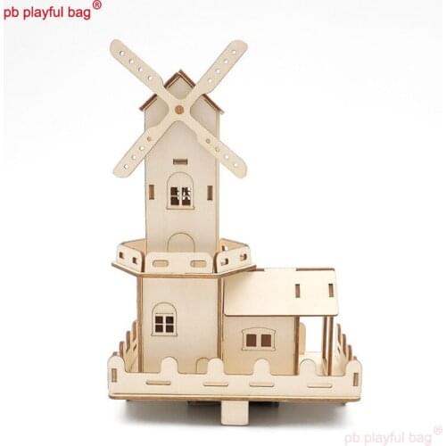 PB Playful Bag Steam education Electric luminescence DIY wooden assemble building block Dutch windmill Childrens Toys UG76