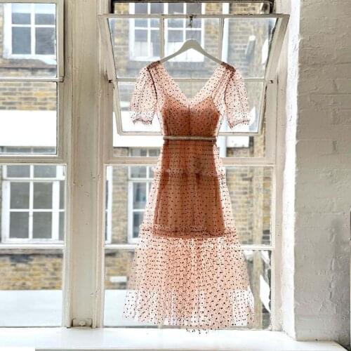 Pink Classic Cute Girly V-neck Halter Top Flecked Skirt Tulle Ruffles Birthday Dresses Casual Style Custom Made A-Line Dress