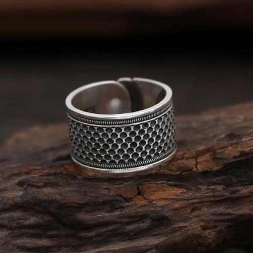 S999 full length women and men wide fish scale Xiangyun cross stitch thimble finger set pure silver ring Thai silver expansion r