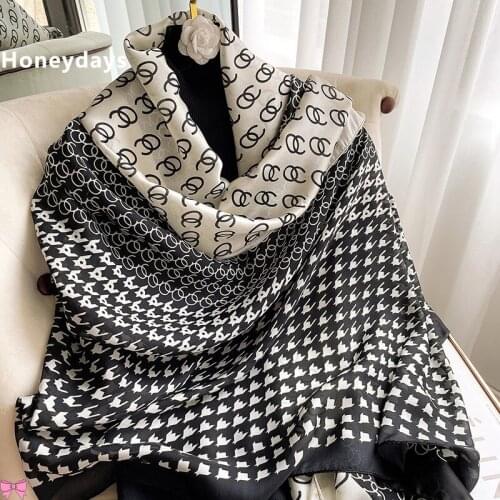 Send Free Scarf Buckle Vintage Letter Print Scarf for Women Decorative Hijab Travel Silk Scarf Warm Neckerchief Banquet Shawls