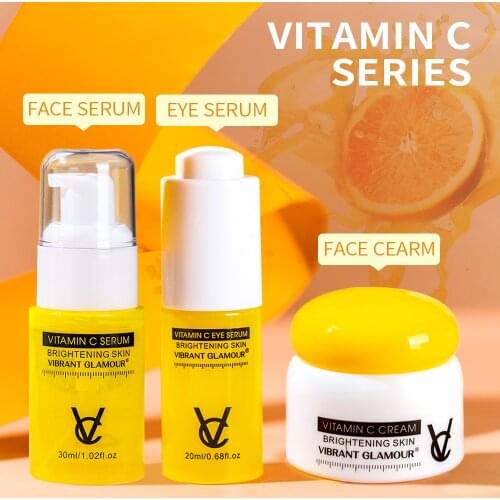 VIBRANT GLAMOUR Vitamin C Whitening Moisturizing Brightening Anti Wrinkle Repair Fade Freckles Facial Skin Care Suit 3 PIECES