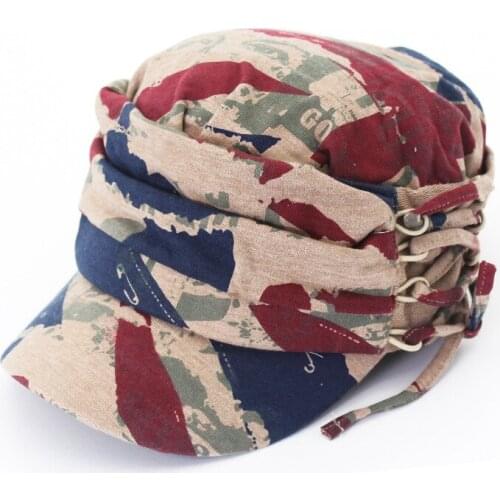Women Ladies Multicolor Printed Soft Pleated Cap Trendy All-Matched Layers Tie Rope Flat Casual Hat