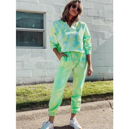 Women Tracksuits Tie-dye Print V Neck Top with High Wait Long Pants 2 Pieces Set Ladies Sports Suit Outdoor Neon Green Sets