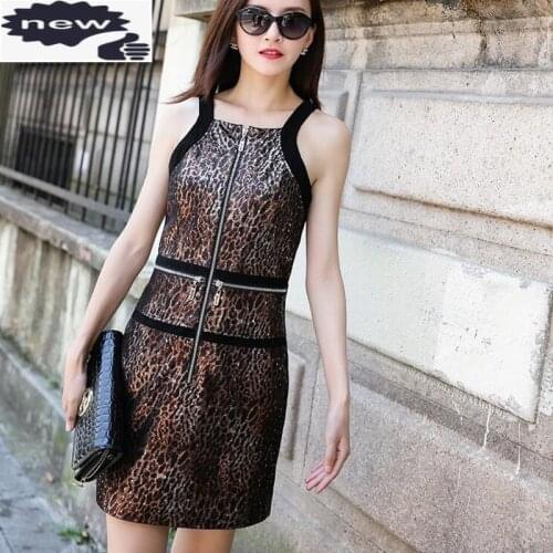 Women Sexy Sleeveless Staps A Line Slim Dress Zippers Leopard Night Club Party Robe Femme Genuine Leather Floral Printed Dresses