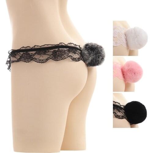 2pcs Women Sexy Erotic Open Crotch Pearl Briefs Lace Underwear Cute Bunny Ball Cosplay Panties Rabbit G-String T-Back Lingerie