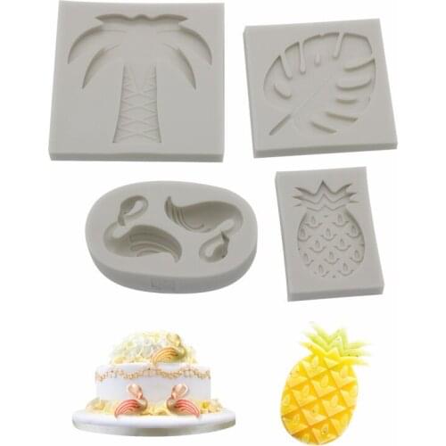 4 Pcs Summer Theme Flamingo Monstera Coconut Pineapple Silicone Fondant Mould DIY Chocolate Cake Decor Baking Tools