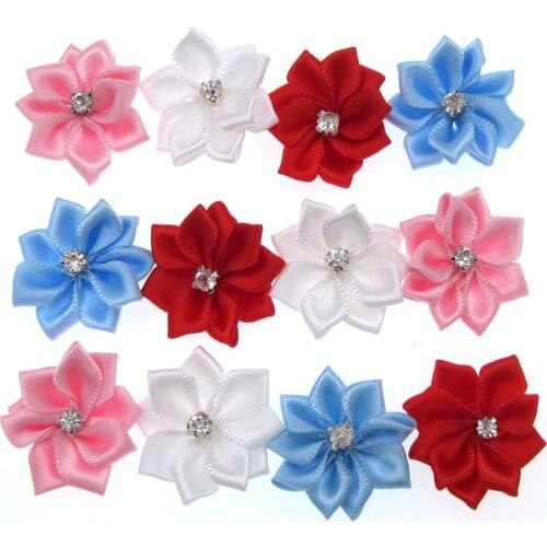 40Pcs Mixed Small Satin Flowers Fabric Rhinestone Flowers Appliques Sewing Decoration Wedding Garment 2.8cm