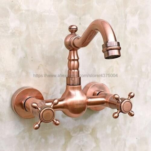 Antique Red Copper Bathroom Basin Sink Mix Tap Dual Handles Wall Mounted Kitchen Basin Sink Mixer Faucet Nrg030