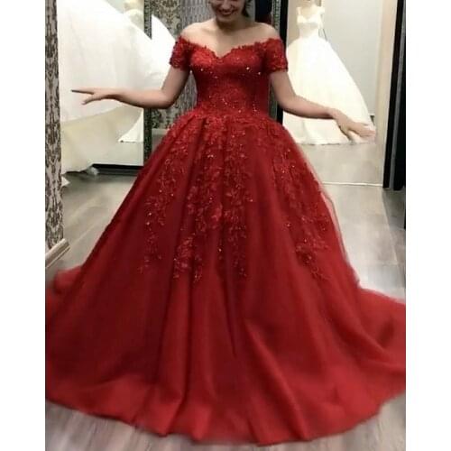 Burgundy Appliques Crystals Prom Dresses 2021 Off Shoulder Ball Gown Formal Evening Party Dress Robe De Soiree
