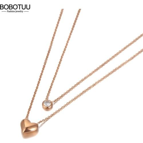 BOBOTUU Bohemia Design Double Layer Heart Pendant Necklaces For Women Stainless Steel CZ Crystal Chain Choker Necklace BN20149