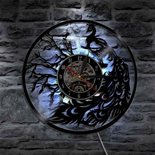 Proud Bird Peacock With Feather Out Wall Art Clock Whimsical Vinyl Record Wall Clock With LED Light Living Room Decoration Gift