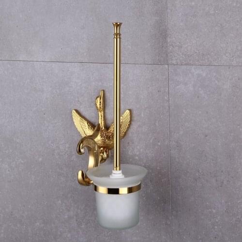 Brass Gold Crystal Swan Toilet Brush Holder Wall Mount Solid Brass Luxury Bathroom Accessories Set with Glass Cup Europ Design