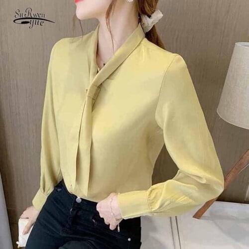 Fashion Elegant Bow Tie Collar Cardigan Chiffon Blouse Autumn Beaded White Shirts Women Long Sleeve Bottoming Shirt Blusas 12195