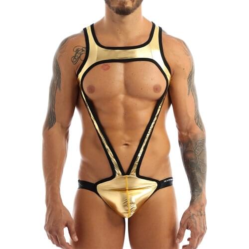 MSemis Mens Fashion Clubwear Costumes Open Butt Sexy Lingerie Bodysuit Metallic Body Latex Jockstraps Pouch Sexy Mankini