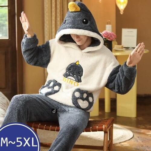 Men Pajamas for Winter Thick Boy Hood Sleepwear 2021 New Unisex Female Pajama Set Flannel Cartoon Velvet Homeware Large