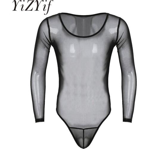 Mens See Through Underwear Mesh transparent thong Bodysuit Jumpsuit Long Sleeve Scoop Neck High Cut Bodysuit Lingerie Nightwear