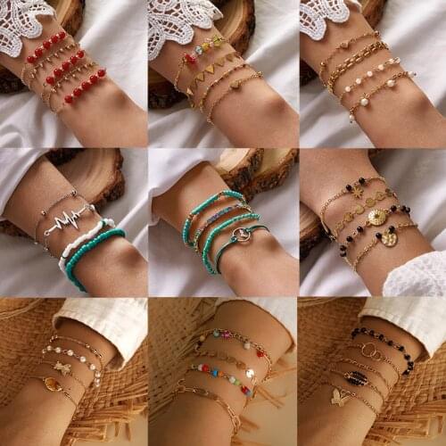 Docona Boho Crystal Bead Bracelet Set for Women Mulitlayer Blue Stone Shell Charms Pearl Bracelets Adjustable Female Jewelry