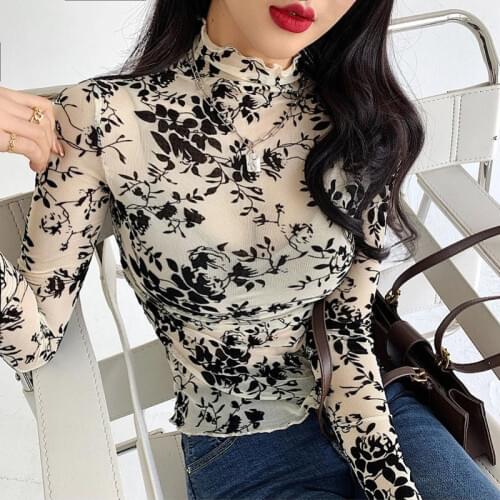 2021 New Long Sleeve Shirts Women Transparent Office Lady Sexy Tops Blouses Turtleneck Embroidery Floral Female Korean Tops Chic