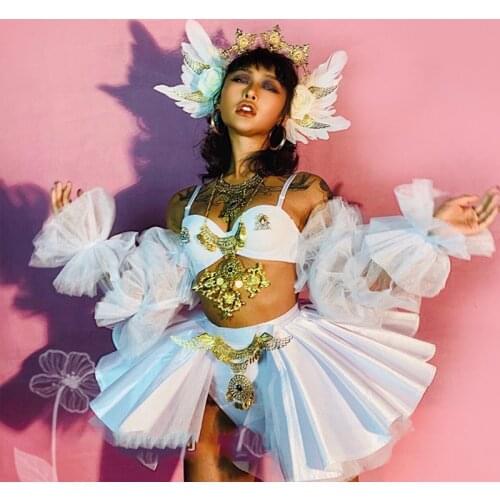 Nightclub Dance Performance Clothing Rave Outfit Women Mesh Puff Sleeve Bikini Pettiskirt Suit DS Gogo Dance Stage Wear VDB3703