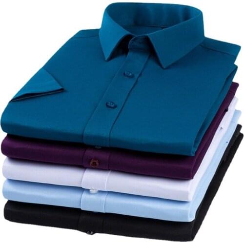 Solid Shirts Men 2021 New Casual Short Sleeve Mens Shirt Slim Elasticity Non Iron Camisas Work Business Formal Chemise Homme