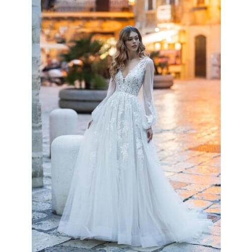 Long Sleeve Wedding Dress 2021 V-neck A-Line Princess Elegnat Sweep Train Robe De Mariee Custom Made Tulle Brides Gown For Women
