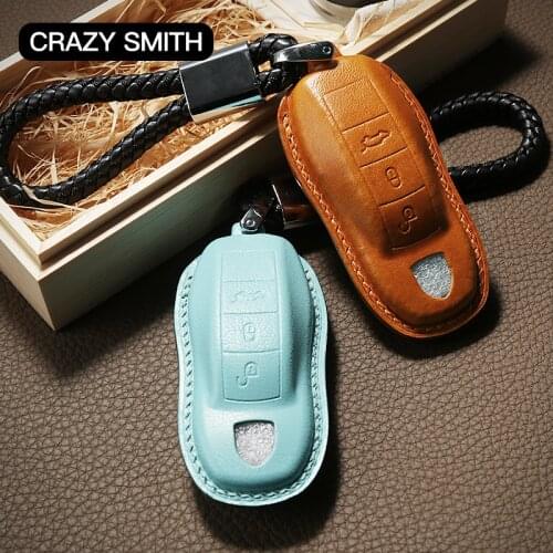 Crazy Smith Smart Car Key Cover for Porsche Full Grain Genuine Leather Super Crafts Hand Sewing High Grade Fathers Day Gift Red