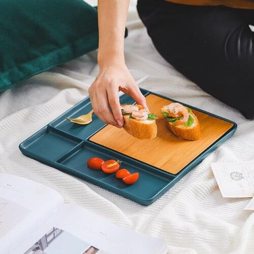 Retro dark green creative bamboo chopping board ceramic western food plate steak plate sushi plate fruit plate