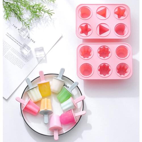 6Holes Flower Square Heart Shape Ice Cream Silicone Mold DIY Household Popsicle Mold Reusable BPA-free Ice Cream Mold with Stick