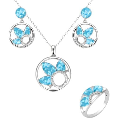 TIRIM Abalone Shell Crystal Three Leaf Necklace Earrings Ring Pendant Set for Women and Girls CZ Blue Pink Purple Color